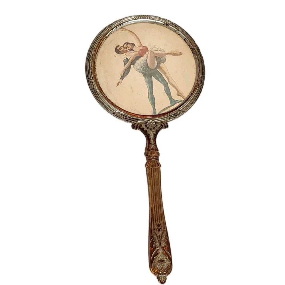 Vintage 1950s Ballerina Couple Hand Mirror Ornate Plastic Vanity